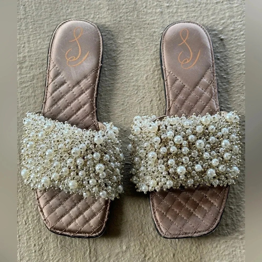 Sam Edelman Elijah Sandal Pearl Embellished Flat Pale Eggshell Slides Size 8 - Picture 3 of 11
